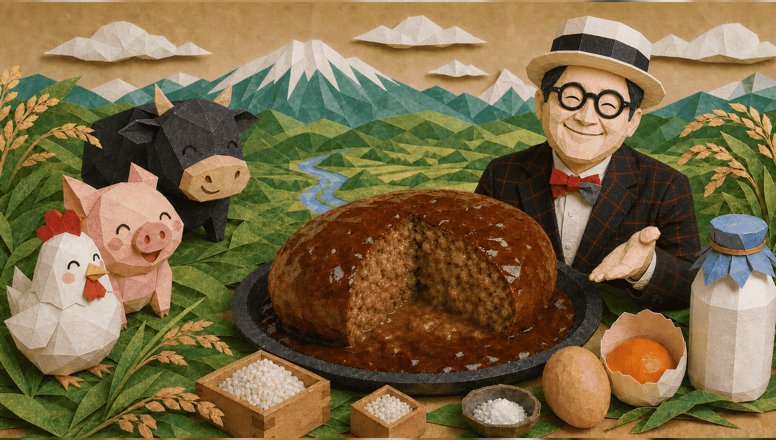 紙細工ジオラマ風イラスト：にわとり・ぶた・黒毛の牛と岩手ハンバーグ、白いカンカン帽の肉おじさん（顔も紙細工調）