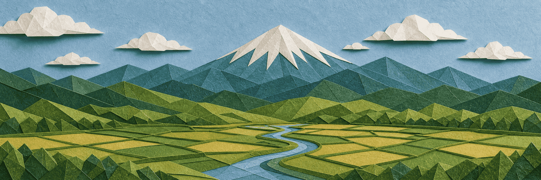 紙細工で作った岩手の山なみと田園の風景